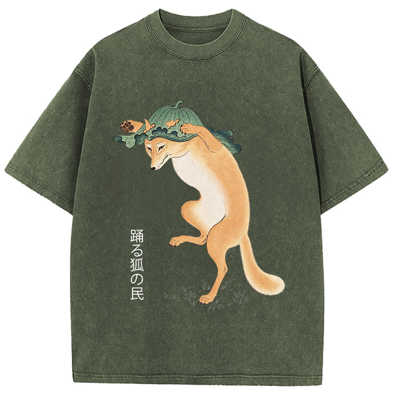 Tokyocanvas Dancing Fox Folk Woodblock Art Washed T-Shirt