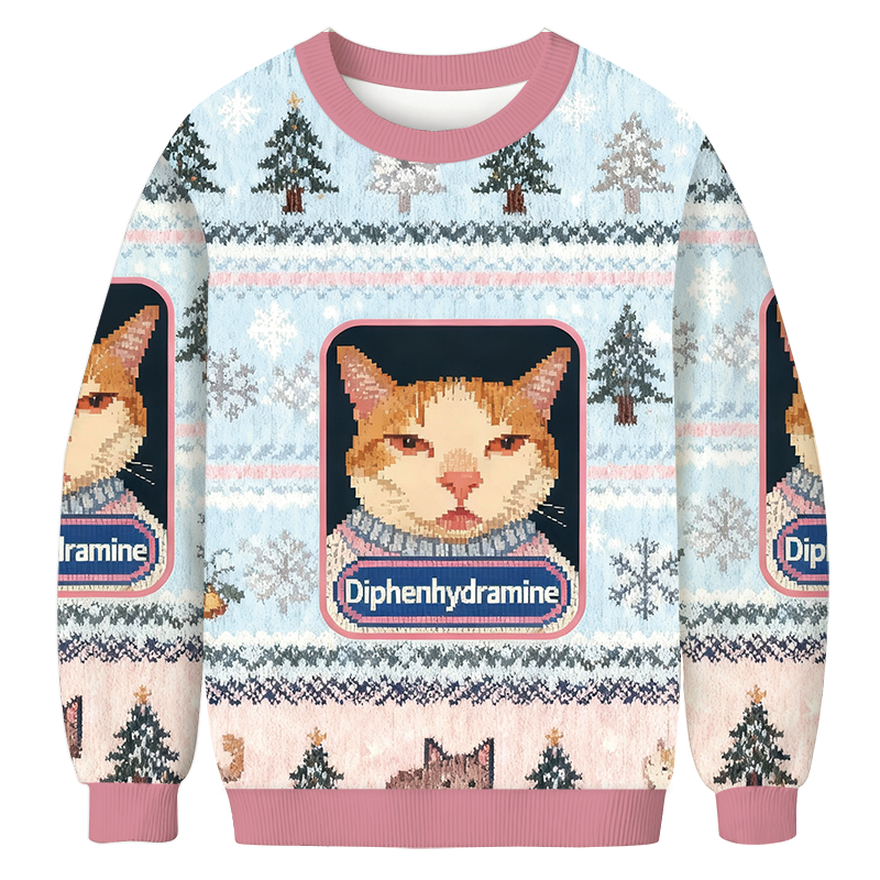 Tokyocanvas Pink Drowsy Meme Cat Christmas Ugly Sweatshirt