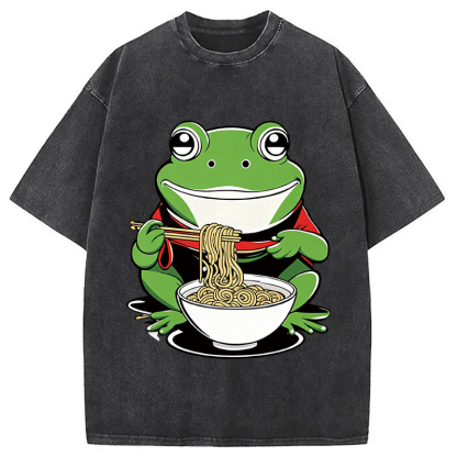 Tokyocanvas Cute Frog Eating Ramen Washed T-Shirt