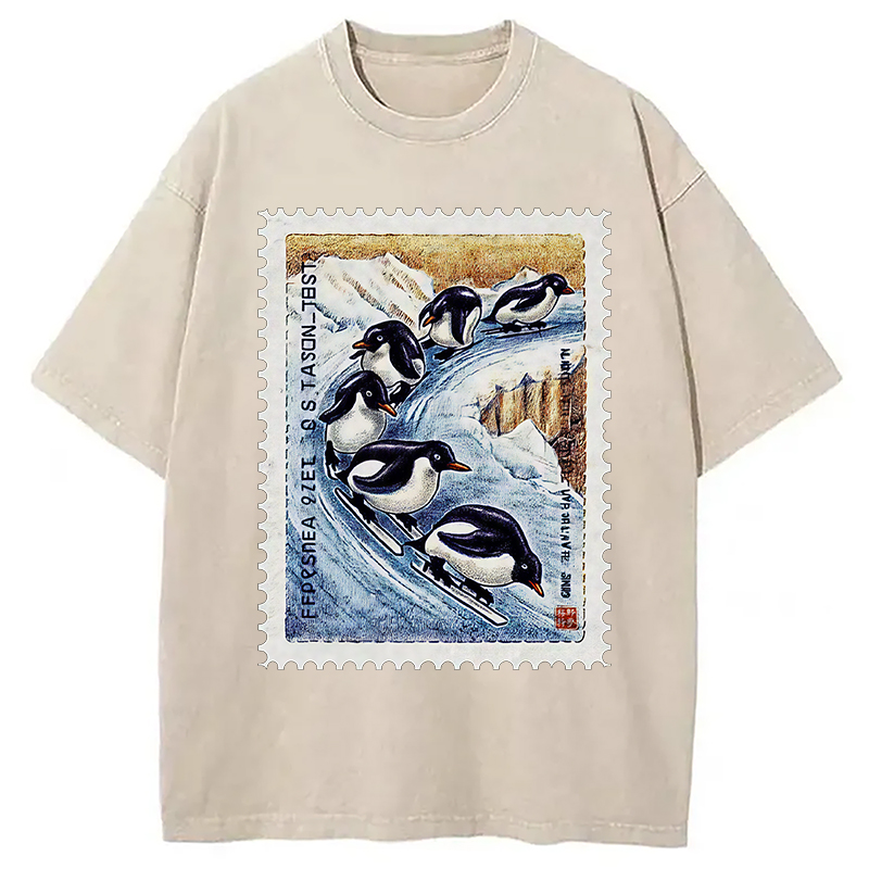 Tokyocanvas Gliding Penguin Stamp Washed T-Shirt