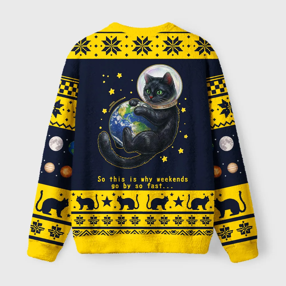 Tokyocanvas Funny Space Cat Spinning Globe Fuzzy Christmas Ugly Sweatshirt