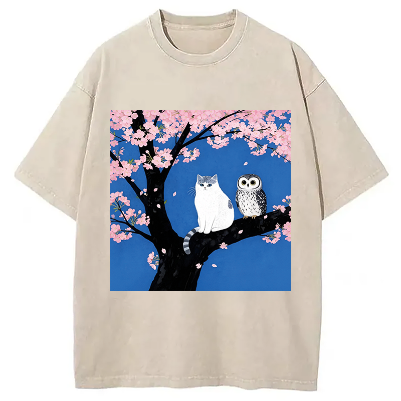 Tokyocanvas Cat And Owl Under Sakura Washed T-Shirt