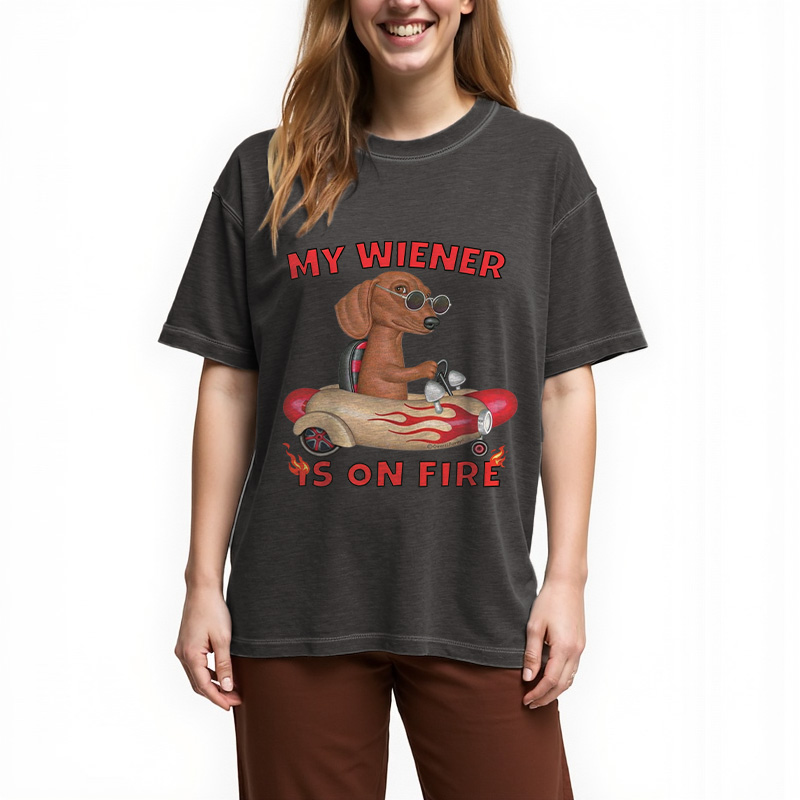 Tokyocanvas My Wiener Is On Fire Funny Dog Gradient Washed T-Shirt