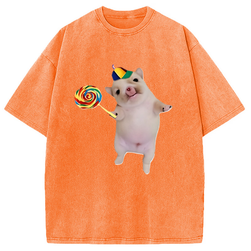Tokyocanvas Funny Silly Dog with Lollipop Meme Washed T-Shirt