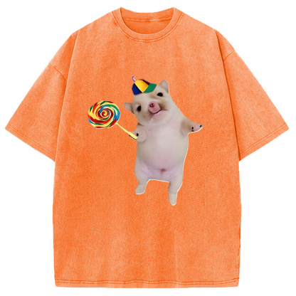 Tokyocanvas Funny Silly Dog with Lollipop Meme Washed T-Shirt