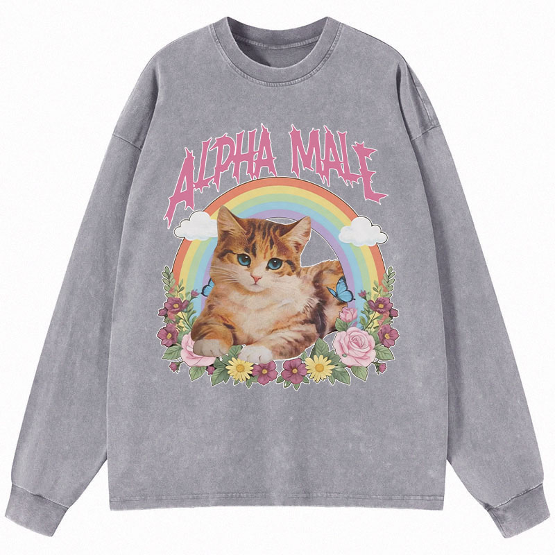 Tokyocanvas Alpha Male Funny Kitten Meme Long Sleeve Washed T-Shirt