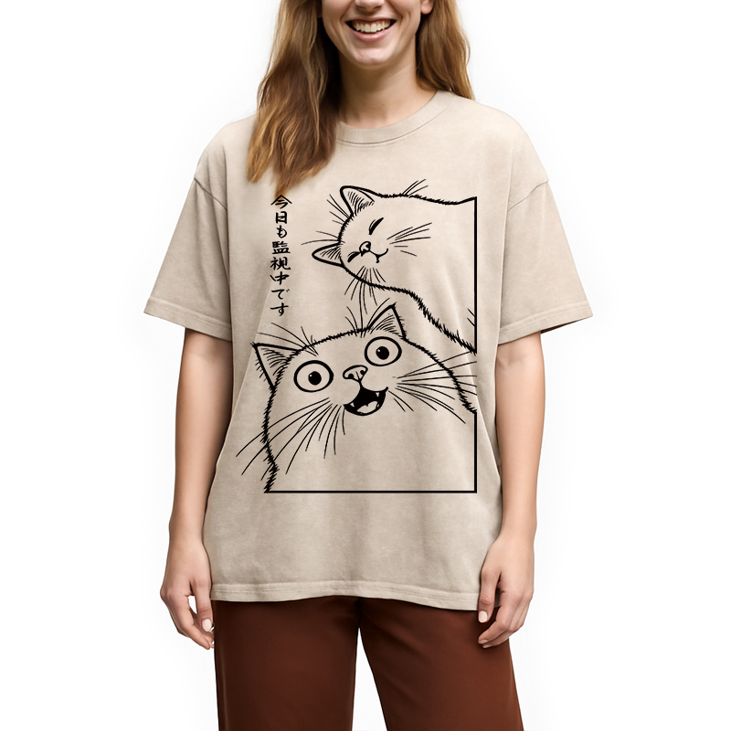 Tokyocanvas Two Cats Are Watching Washed T-Shirt