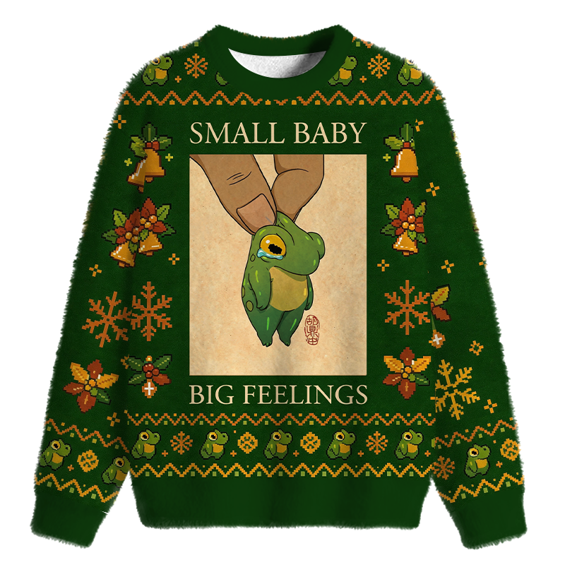 Tokyocanvas small baby big feelings cute frog artwork asian japanese Fuzzy Christmas Ugly Sweatshirt