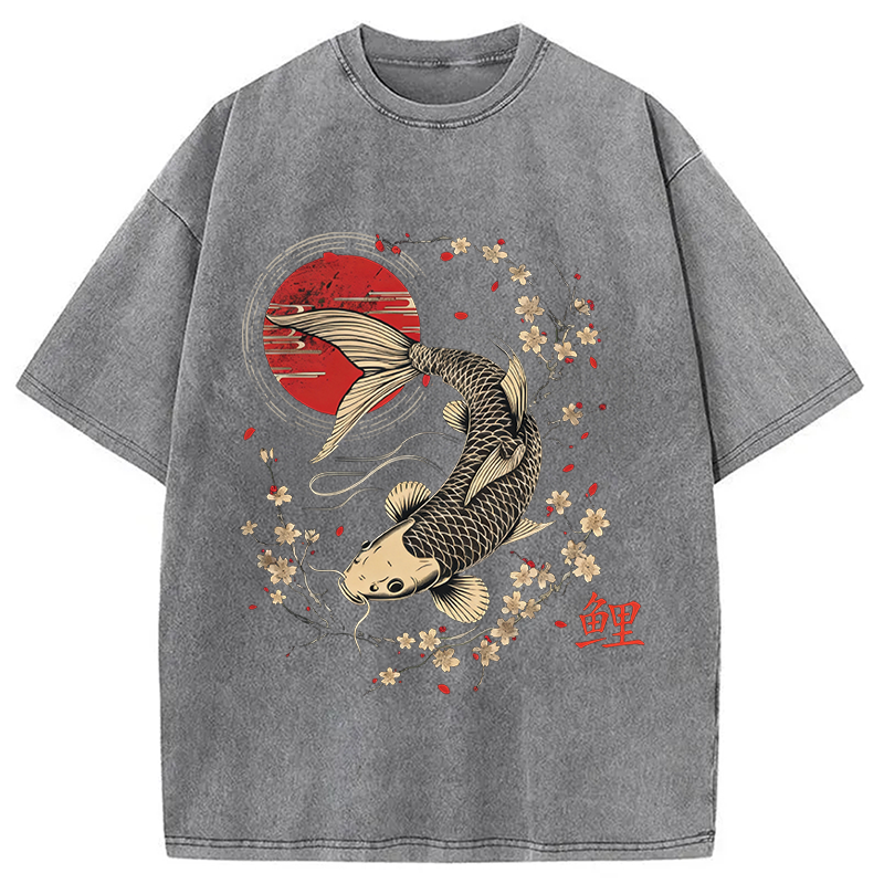 Tokyocanvas Kersenbloesem Koi Karper Washed T-Shirt