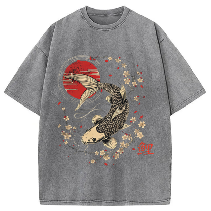 Tokyocanvas Kersenbloesem Koi Karper Washed T-Shirt
