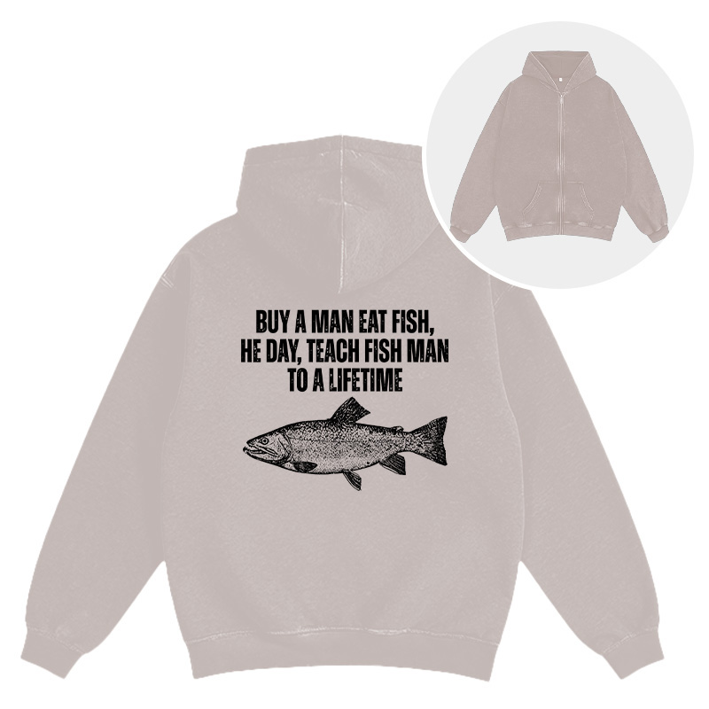 Tokyocanvas Buy a Man Eat Fish Funny Meme Washed Zip Hoodie