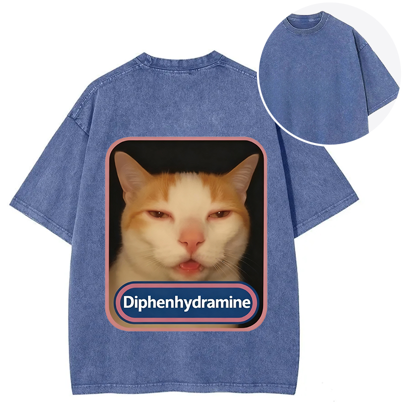 Tokyocanvas Pink Diphenhydramine Meme Cat Back Washed T-Shirt