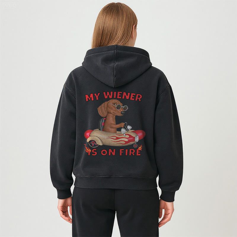 Tokyocanvas My Wiener Is On Fire Funny Dog Washed Zip Hoodie
