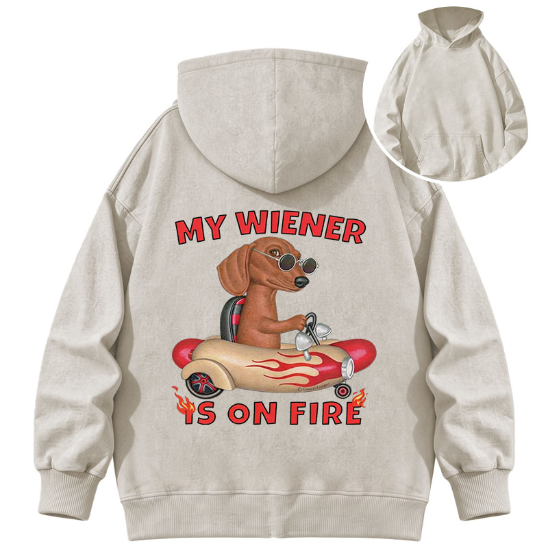 Tokyocanvas My Wiener Is On Fire Funny Dog Washed Hoodie