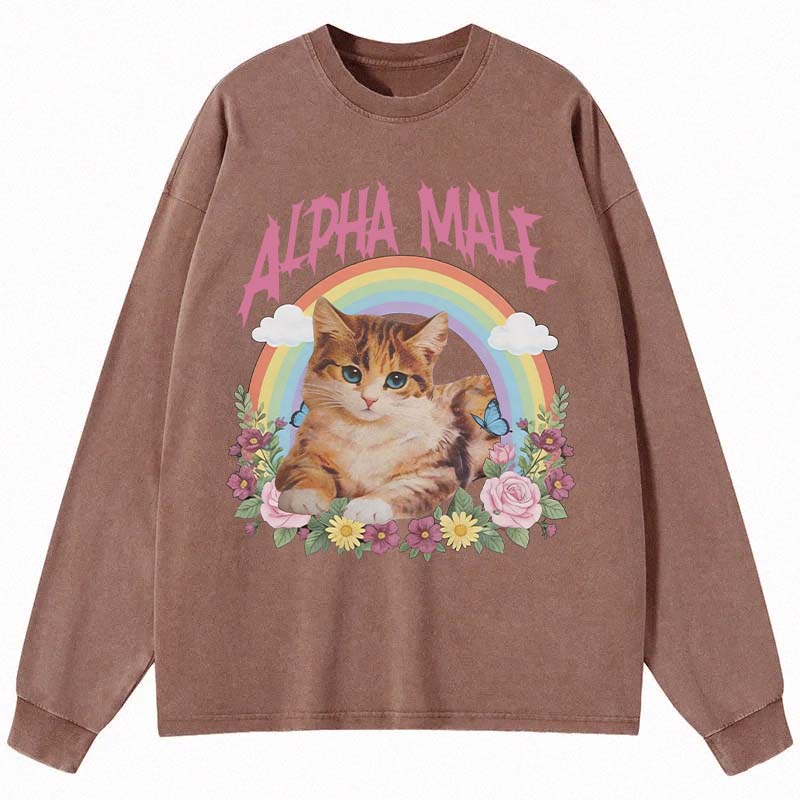 Tokyocanvas Alpha Male Funny Kitten Meme Long Sleeve Washed T-Shirt