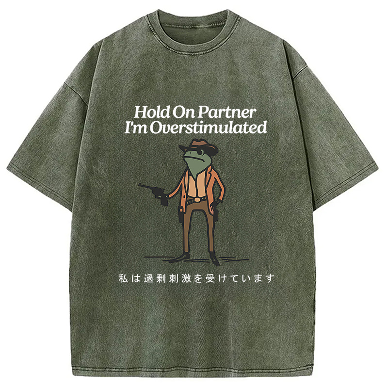 Tokyocanvas Hold On Partner I'm Overstimulated Washed T-Shirt
