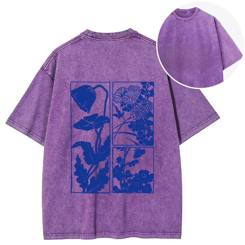 Tokyocanvas Woodcut Flowers Back Washed T-Shirt