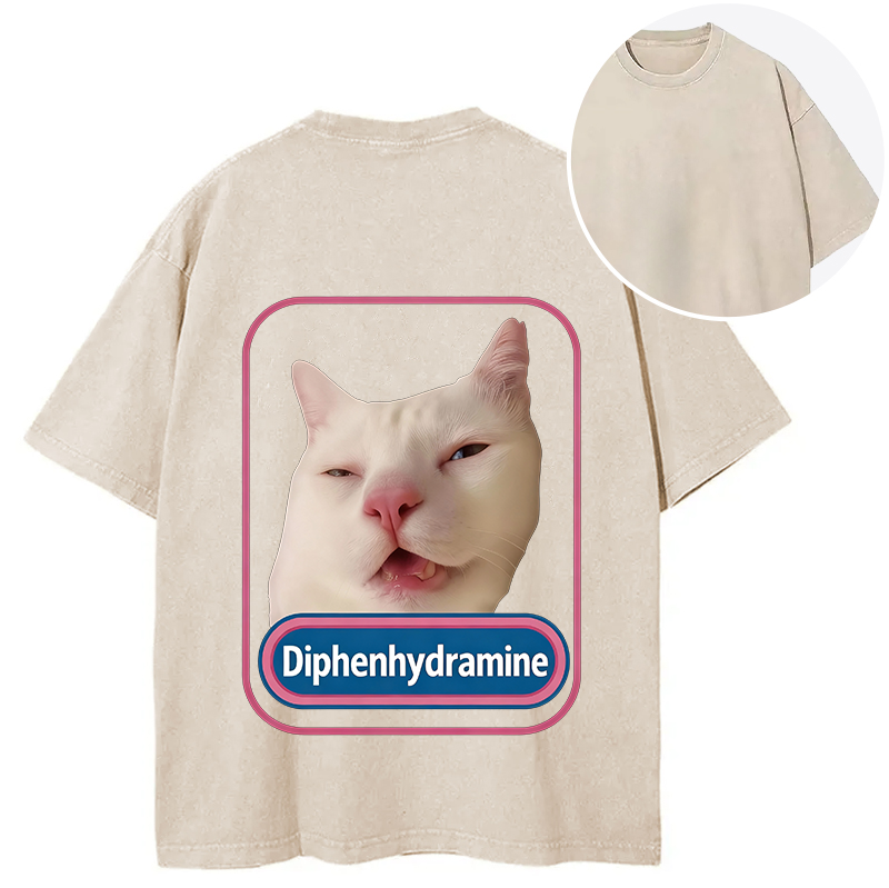 Tokyocanvas Funny Diphenhydramine Meme Cat Back Washed T-Shirt