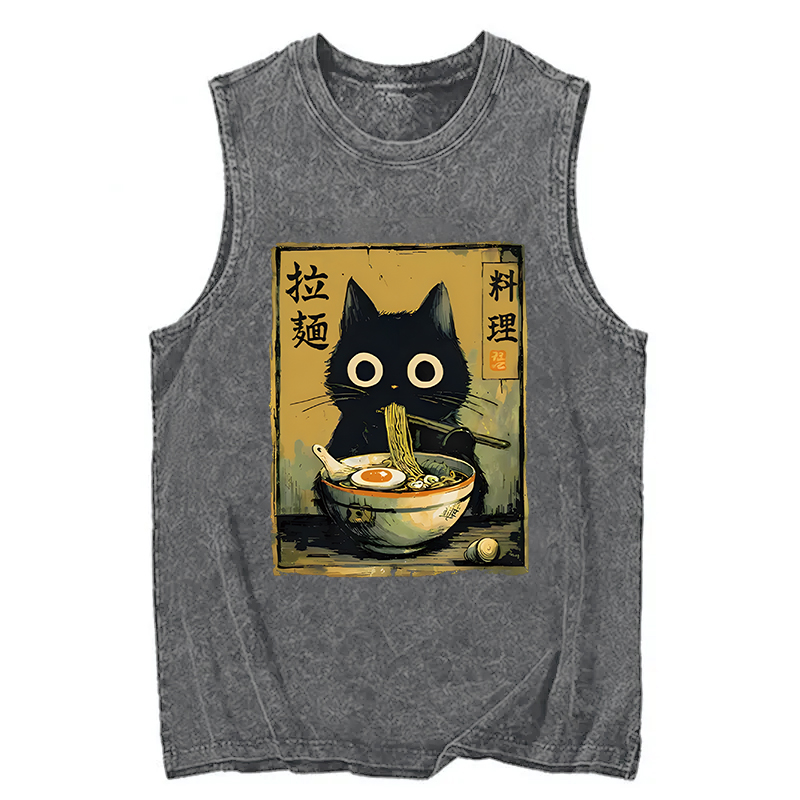 Tokyocanvas Cute Black Cat Eating Ramen Washed Tank