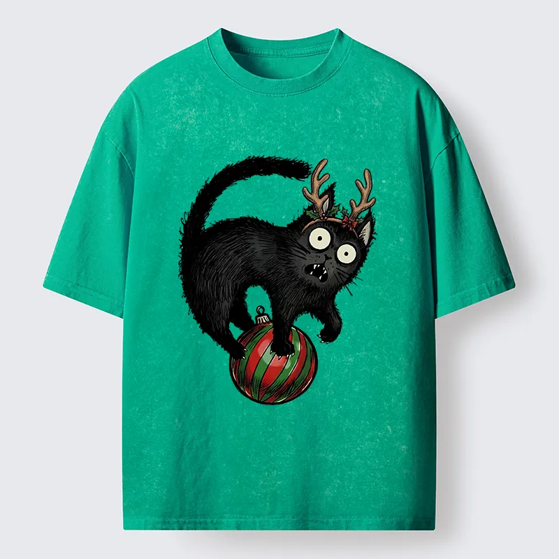 Tokyocanvas Black Cat Playing With Christmas Bauble Washed T-Shirt