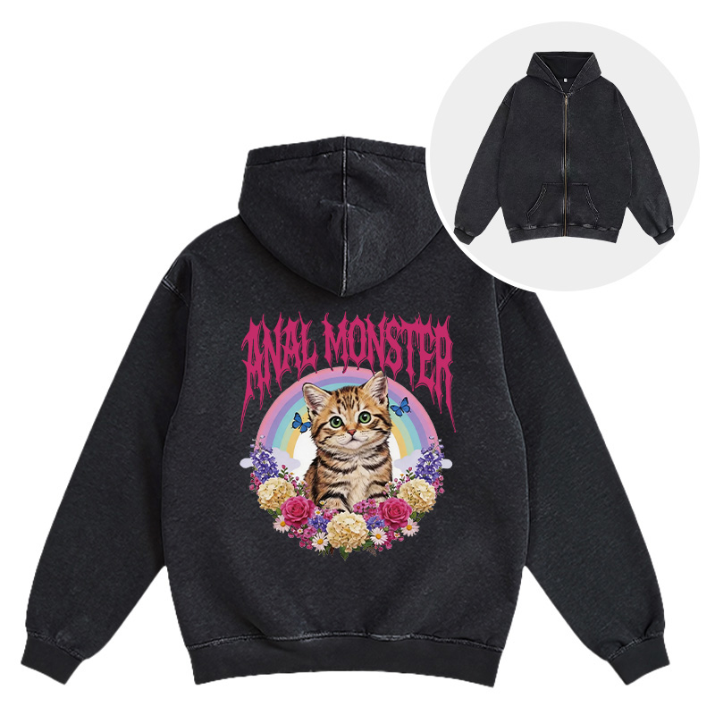 Tokyocanvas Anal Monster Cat Washed Zip Hoodie