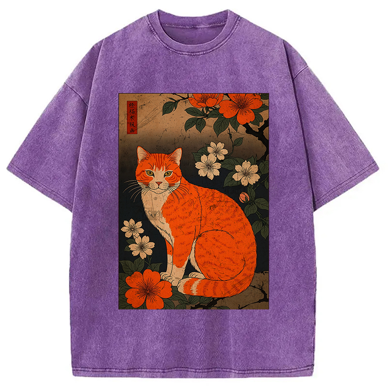 Tokyocanvas Orange Cat Japanese Art Washed T-Shirt