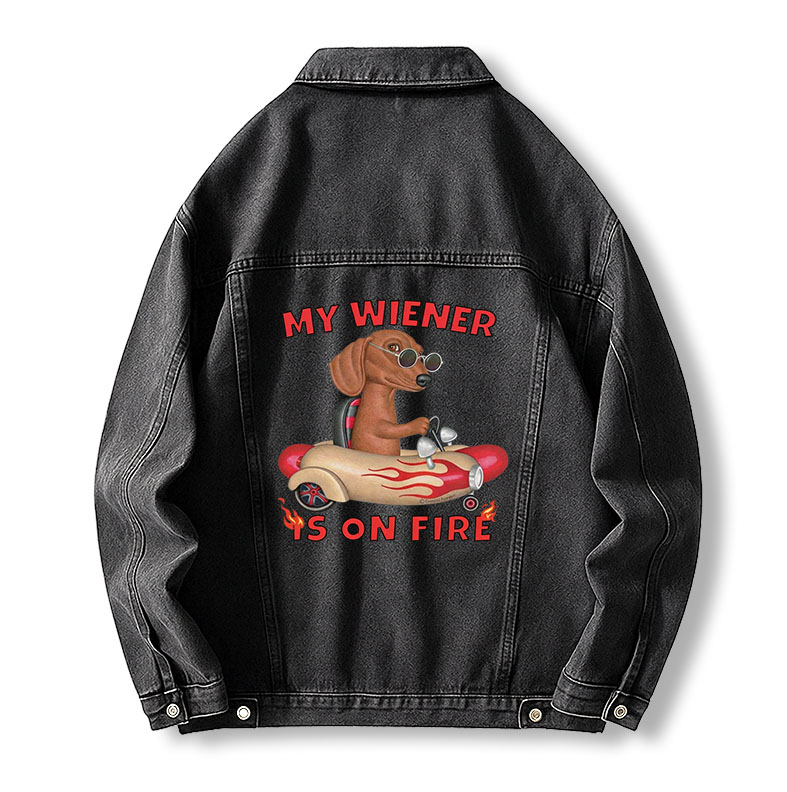 Tokyocanvas My Wiener Is On Fire Funny Dog Jean Jackets