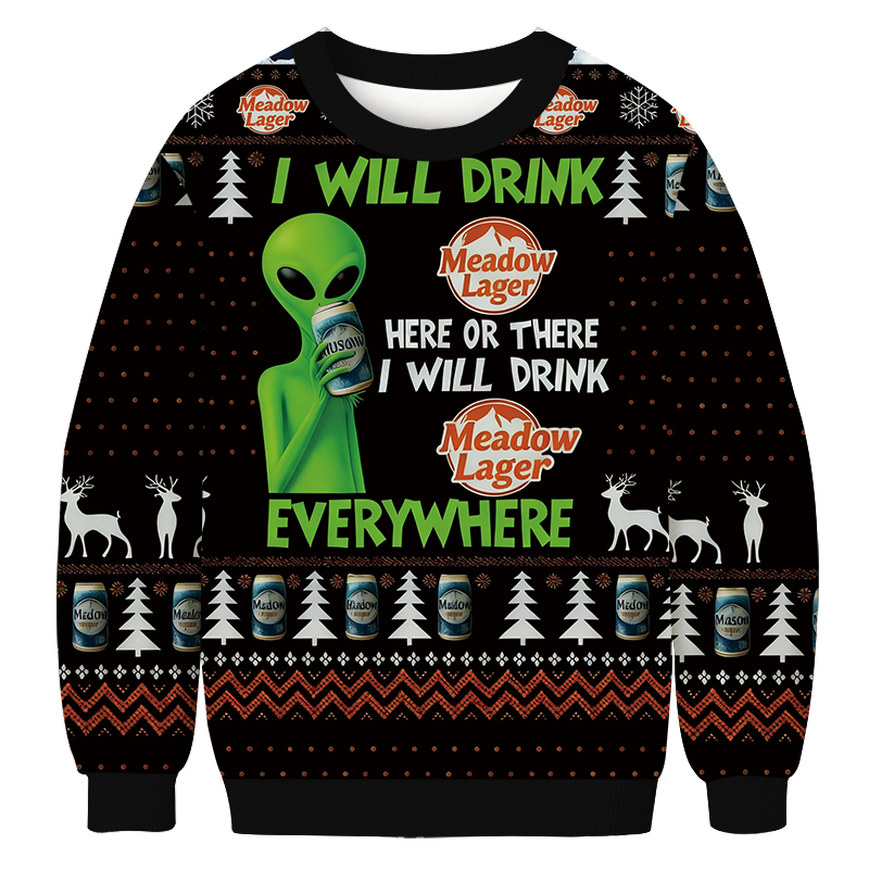 Tokyocanvas Meadow Lager Will Drink Everywhere Christmas Alien Ugly Sweatshirt