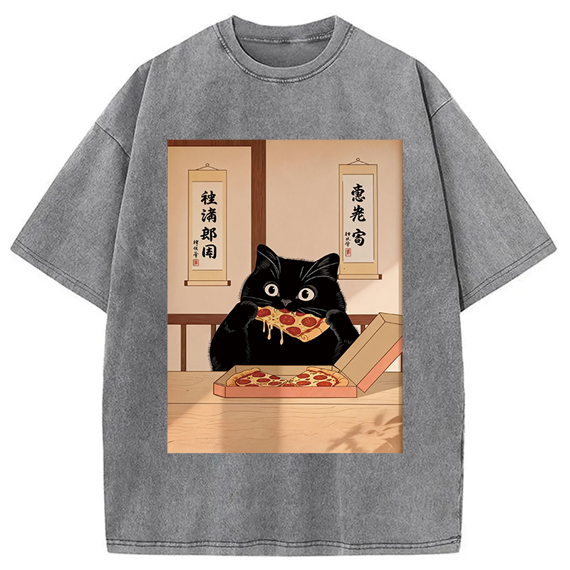Tokyocanvas Black Cat Pizza Ukiyo-e Washed T-Shirt