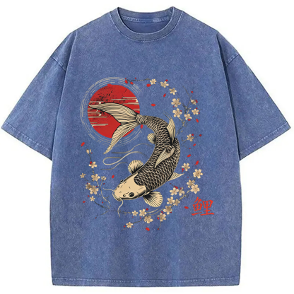 Tokyocanvas Kersenbloesem Koi Karper Washed T-Shirt