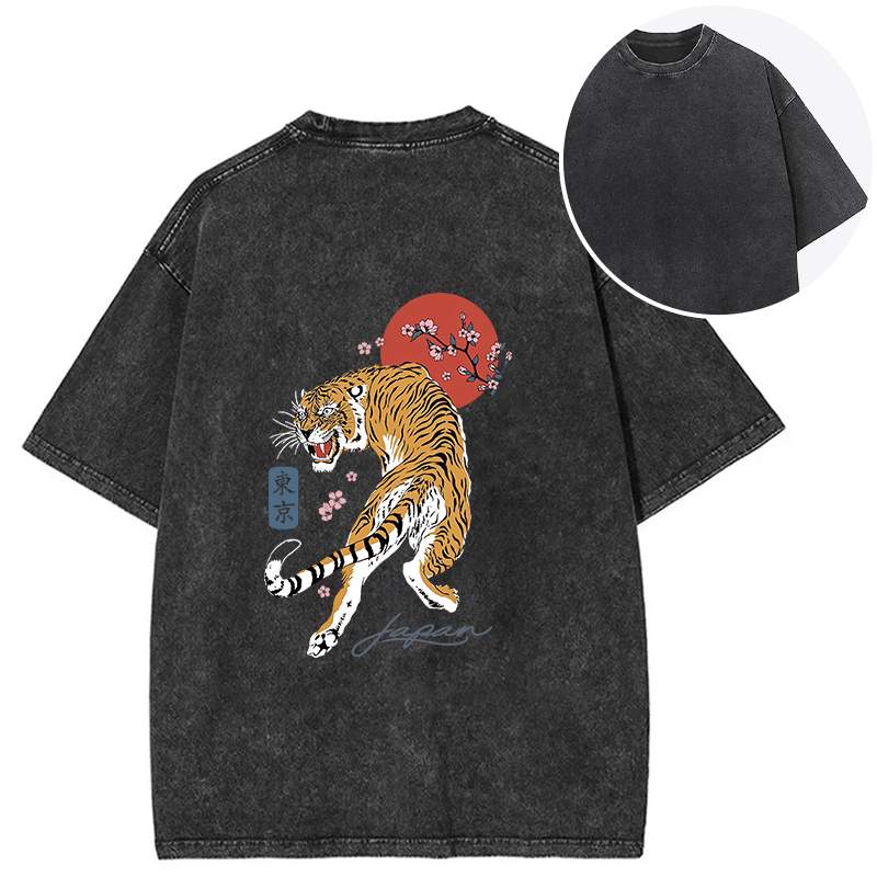Tokyocanvas Tiger Blossom Japanese Sakura Back Washed T-Shirt