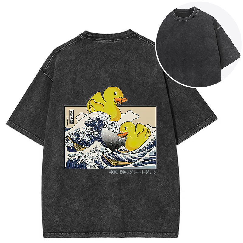 Tokyocanvas Ukiyoe Waves And Cute Yellow Duck Back Washed T-Shirt