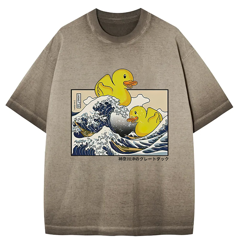 Tokyocanvas Ukiyoe Waves And Cute Yellow Duck Gradient Washed T-Shirt