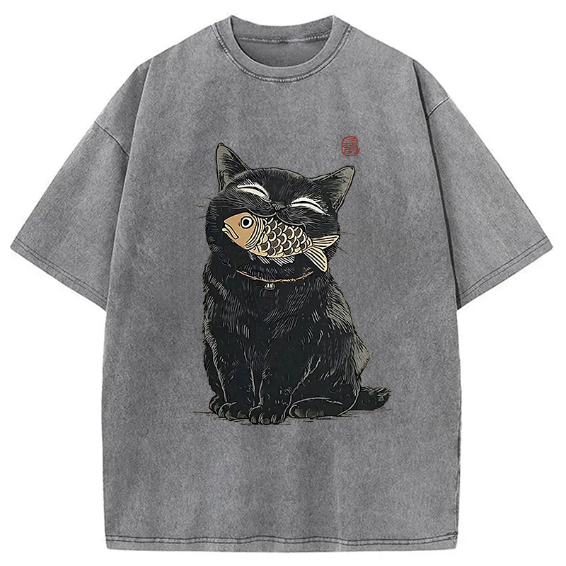 Tokyocanvas Happy Black Cat Washed T-Shirt