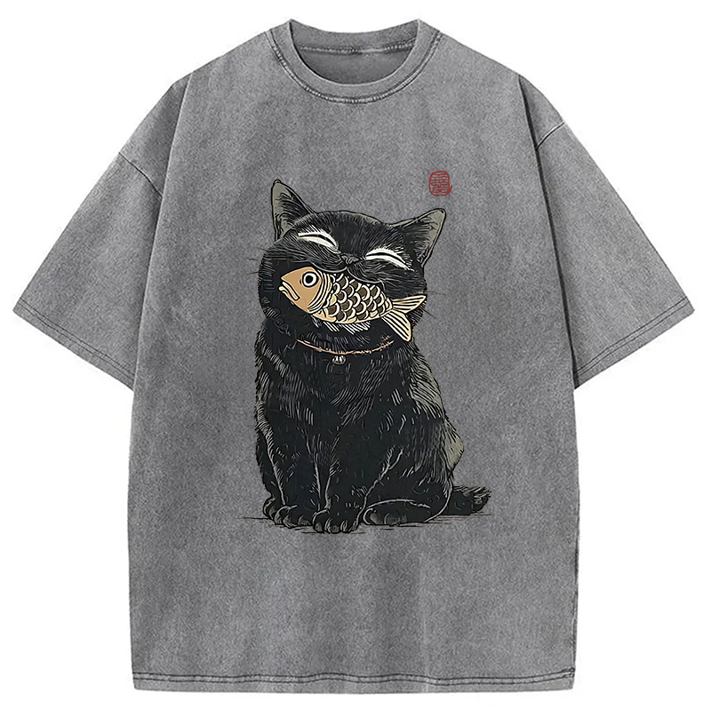 Tokyocanvas Happy Black Cat Washed T-Shirt