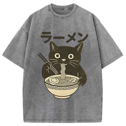 Tokyocanvas Simple Black Cat Eating Ramen Washed T-Shirt