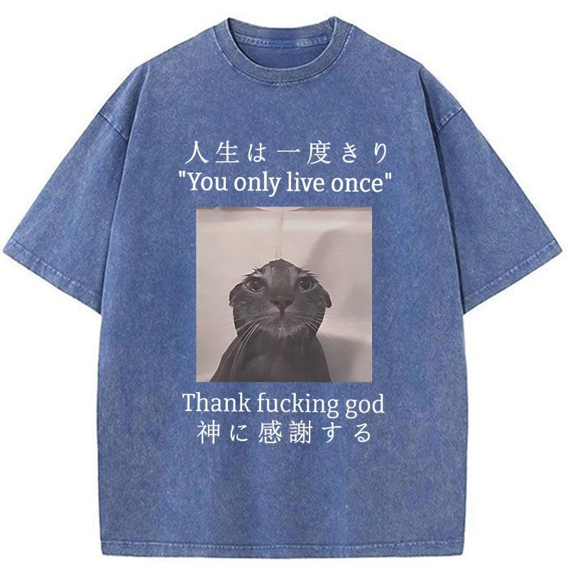 Tokyocanvas Funny Melancholy Cat Washed T-Shirt