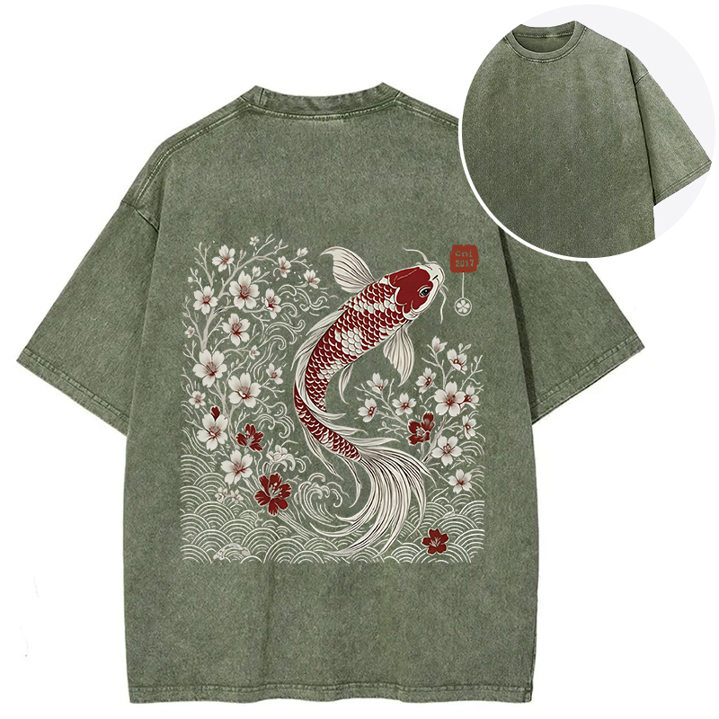 Tokyocanvas Vintage Sakura And Koi Back Washed T-Shirt