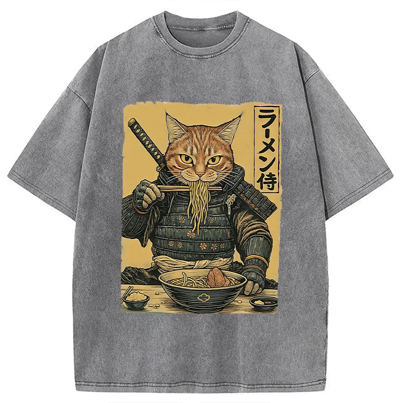 Tokyocanvas Cat General Eating Ramen Washed T-Shirt