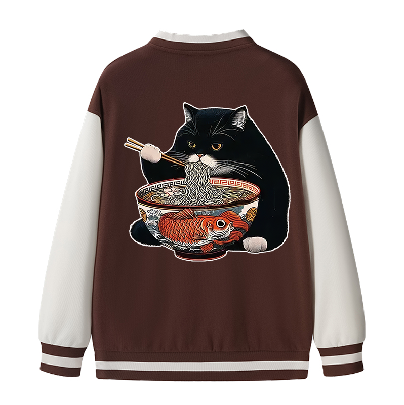 Tokyocanvas Fat Cat Eating Ramen Varsity Jacket