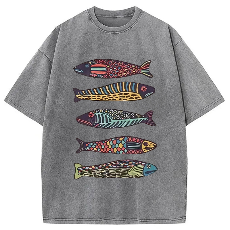 Tokyocanvas Colourful Schools Of Fish Washed T-Shirt