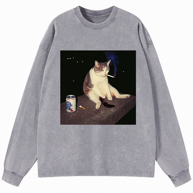 Tokyocanvas Cigarette Kitten Funny Smoking Cat Meme Long Sleeve Washed T-Shirt