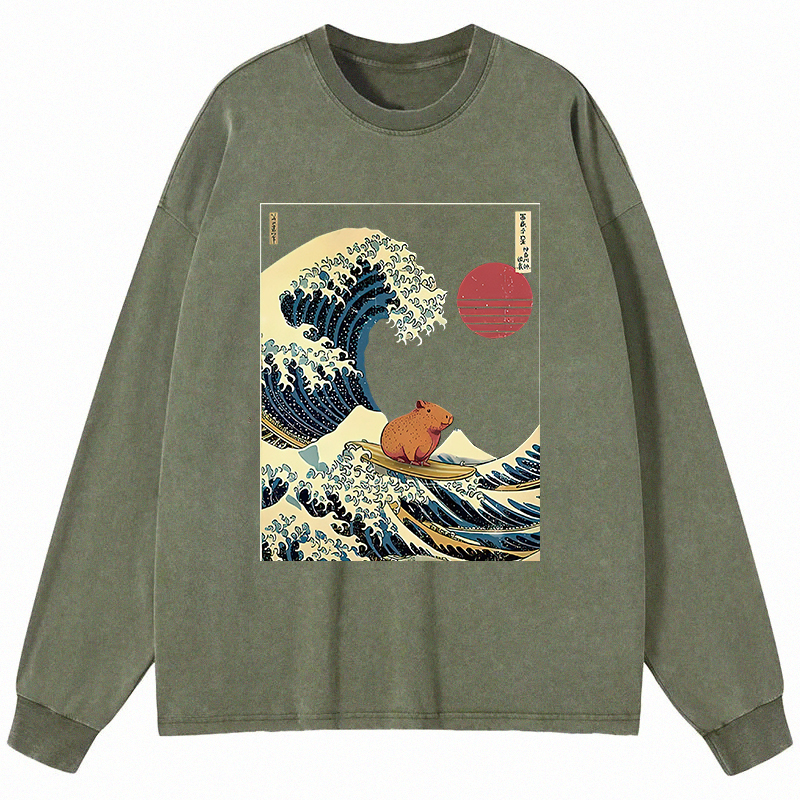 Tokyocanvas Capybara Surfing Long Sleeve Washed T-Shirt