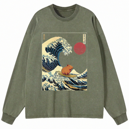 Tokyocanvas Capybara Surfing Long Sleeve Washed T-Shirt