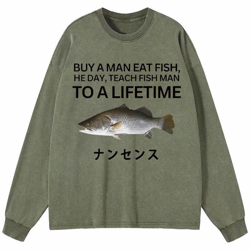 Tokyocanvas Buy a Man Eat Fish Long Sleeve Washed T-Shirt