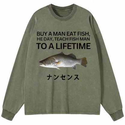 Tokyocanvas Buy a Man Eat Fish Long Sleeve Washed T-Shirt