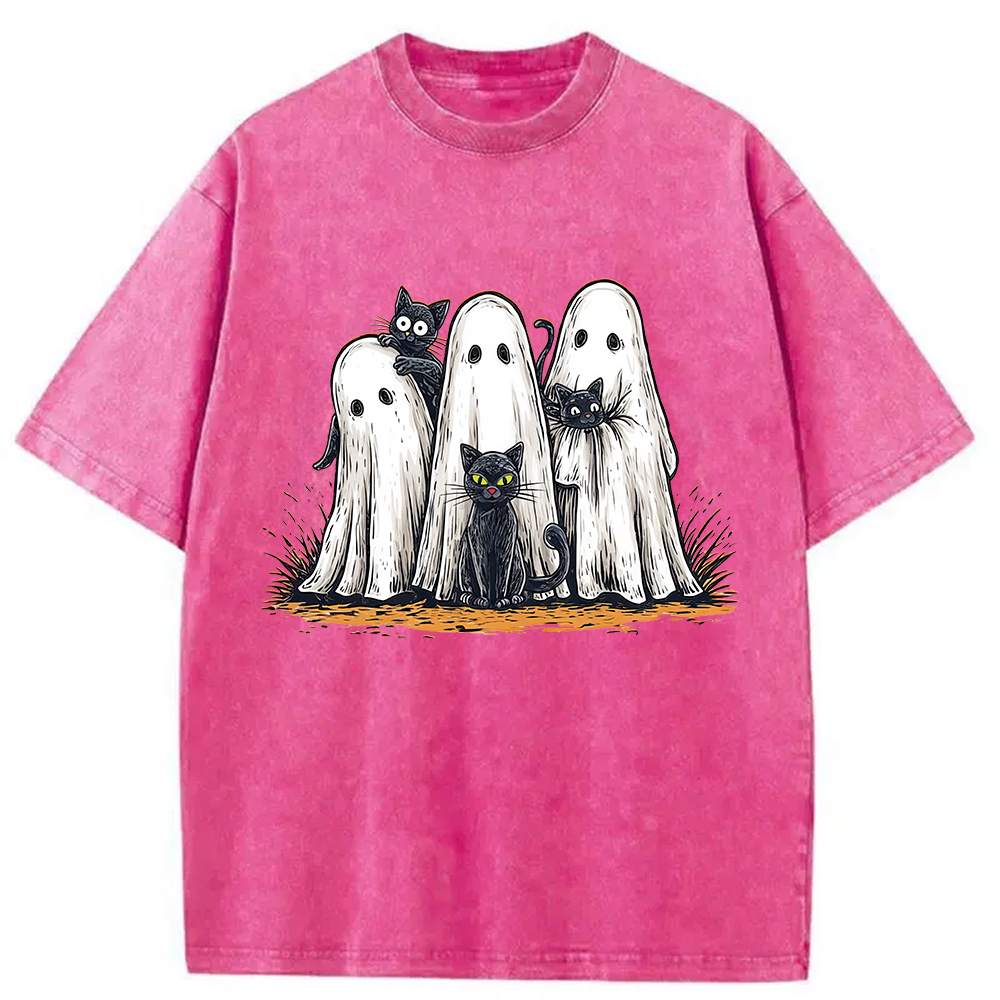 Tokyocanvas Black Cat Ghost Halloween Washed T-Shirt