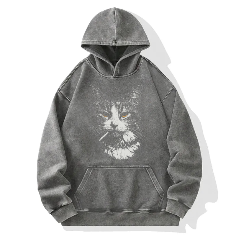 Tokyocanvas Cool Cat Smoking Washed Hoodie
