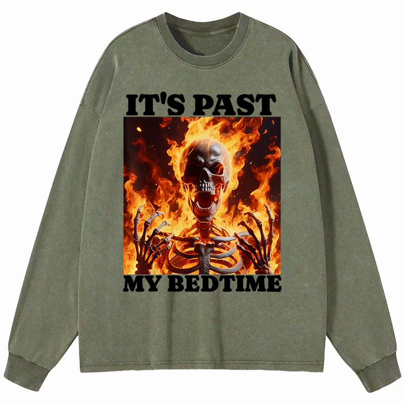 Tokyocanvas It's Past My Bedtime Funny Skeleton Meme Long Sleeve Washed T-Shirt