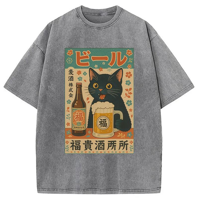Tokyocanvas Japanese Black Cat Beer Washed T-Shirt